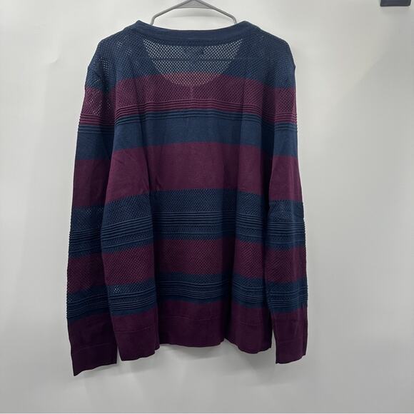 Market & Spruce Burgundy & Navy Striped Colorblock Open Knit Long Sleeve Sweater - Picture 4 of 7